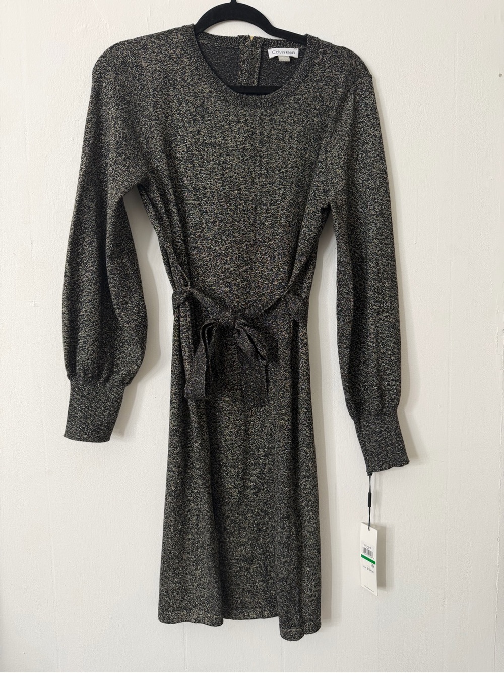 Calvin Klein Black Metallic Knit Tie-Waist Long Sleeve Dress